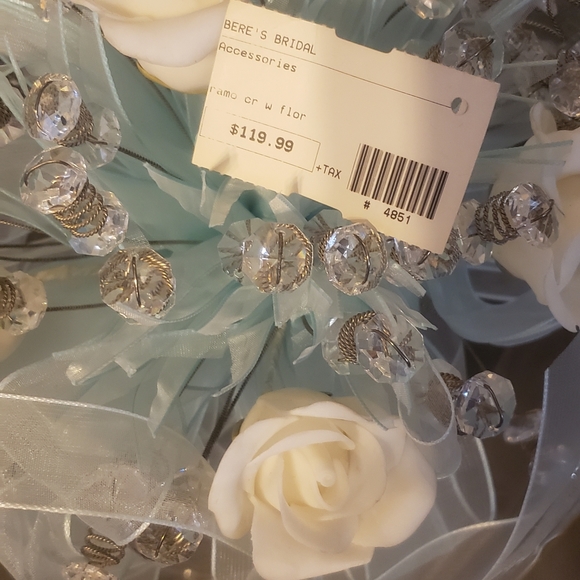 Bouquet of Porcelain White Roses, Crystals and Sky Blue Ribbons. - Picture 5 of 5
